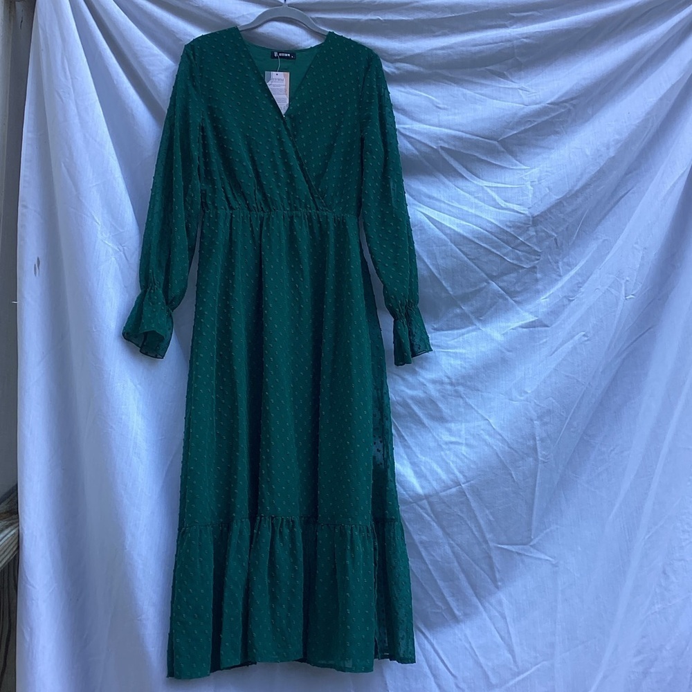 BTFBM NWT green Swiss dot maxi formal dress, size small
